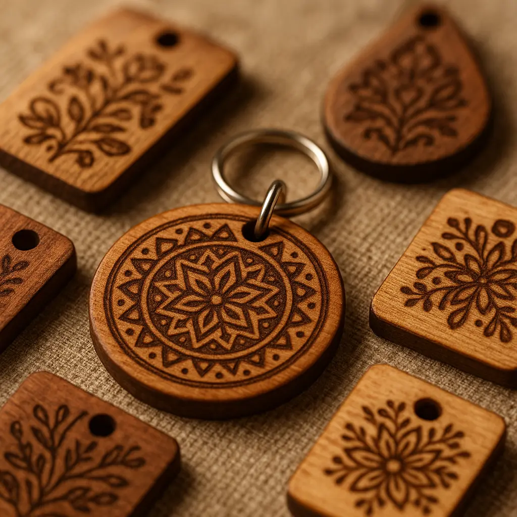 Gravierte Holzaccessoires und Schlüsselanhänger