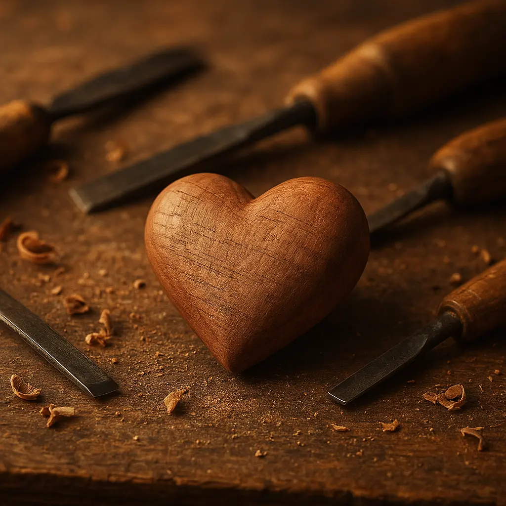 Handgefertigte Holzherzen und Werkzeuge auf einer Werkbank
